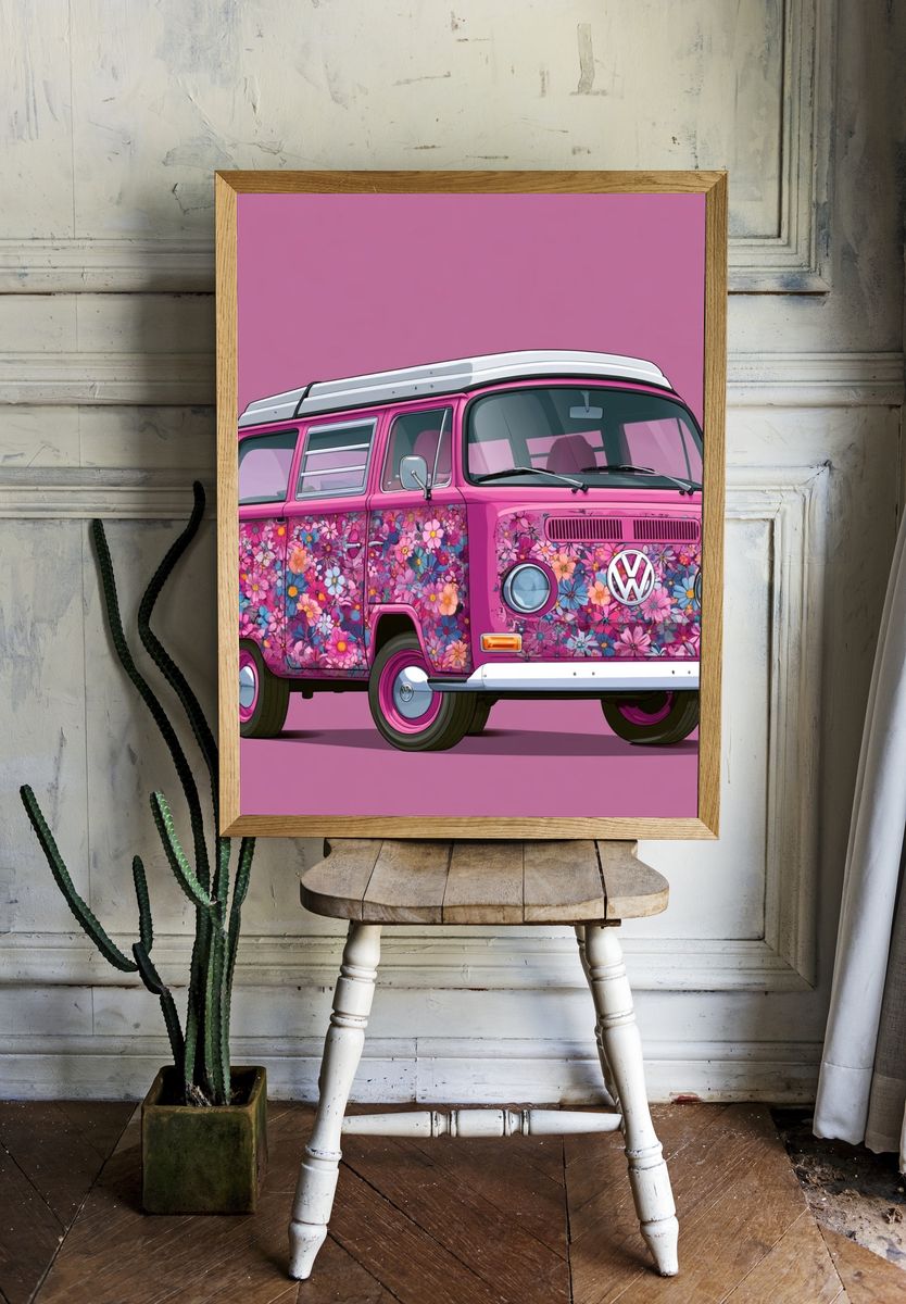 Pink Floral VW Bus Illustration Poster. room preview