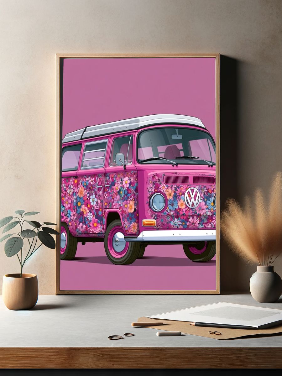 Pink Floral VW Bus Illustration Poster. — room view 2