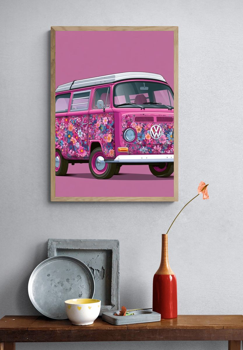 Pink Floral VW Bus Illustration Poster. — room view 3