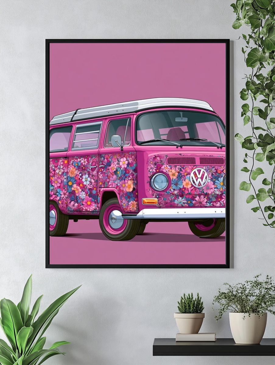 Pink Floral VW Bus Illustration Poster. — room view 4