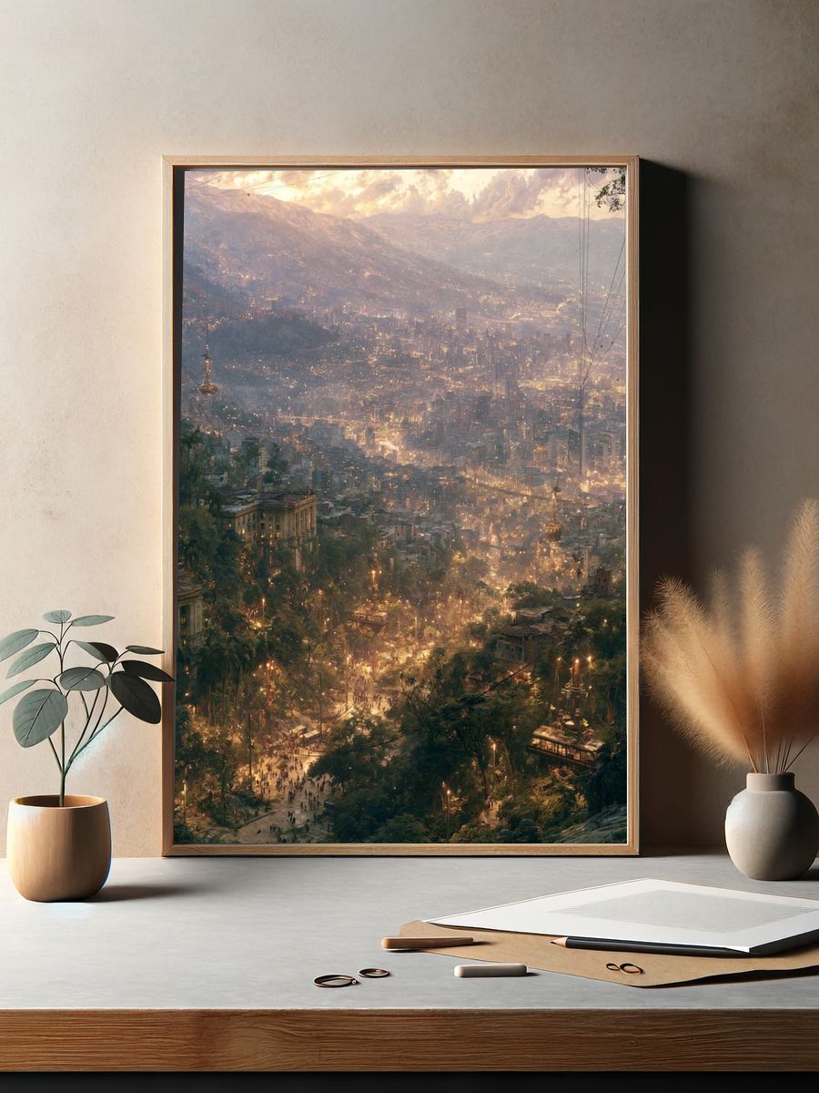 Mountain Cityscape Digital Art Print. — room view 2