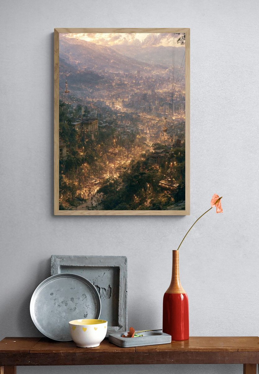 Mountain Cityscape Digital Art Print. — room view 3