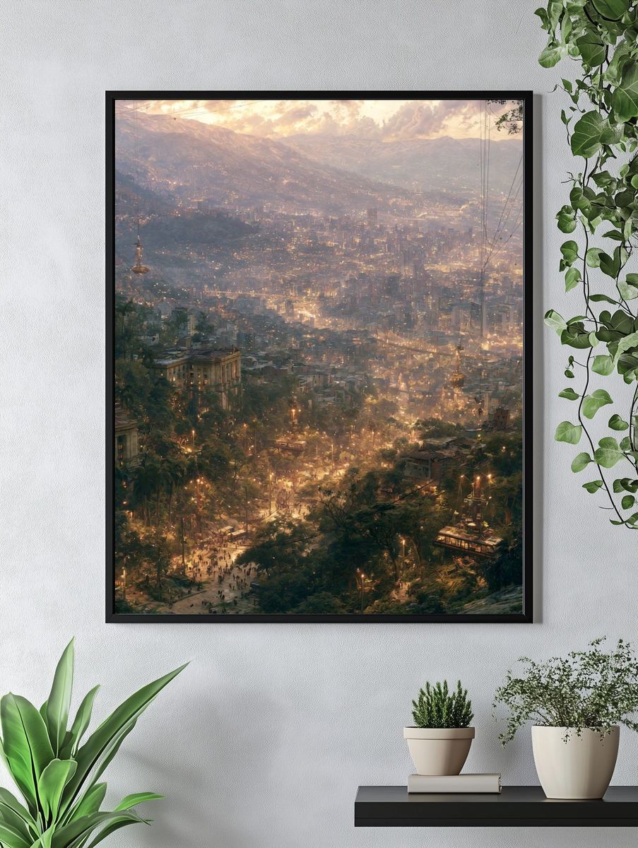 Mountain Cityscape Digital Art Print. — room view 4