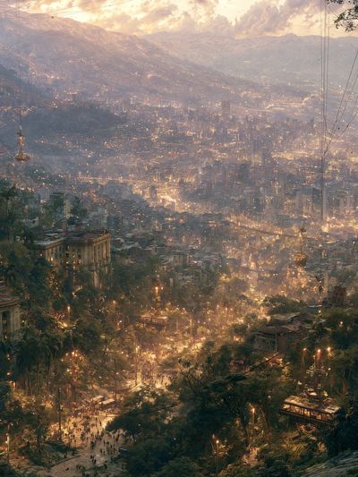 Mountain Cityscape Digital Art Print. poster