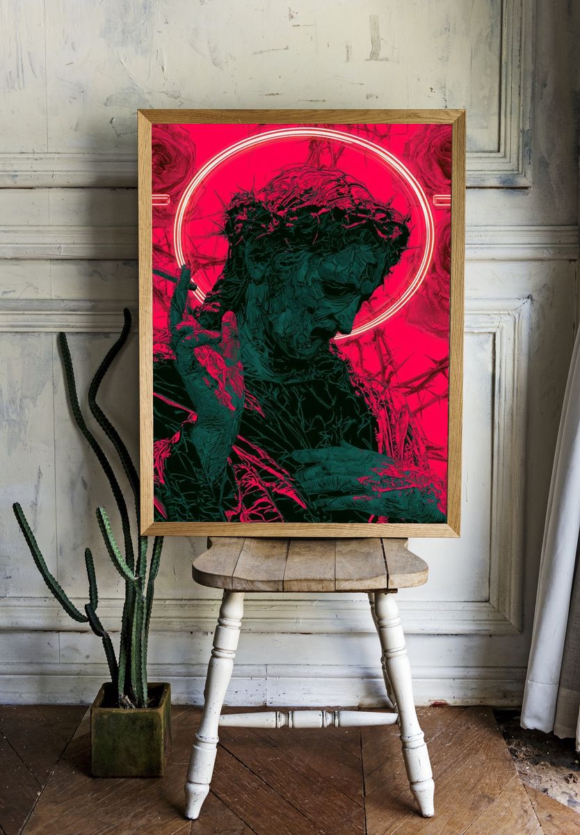 Neon Rose Statue Illustration Poster. — room view 1
