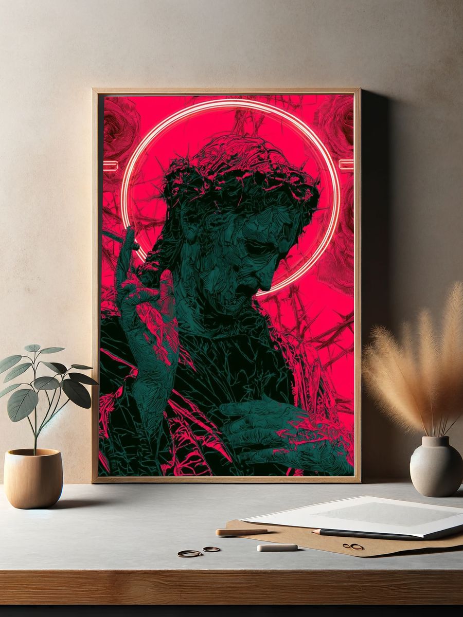 Neon Rose Statue Illustration Poster. — room view 2