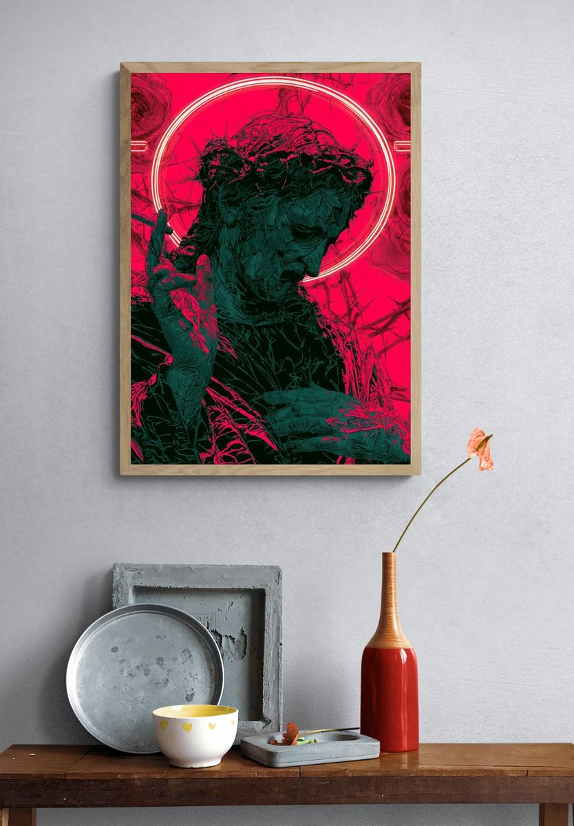 Neon Rose Statue Illustration Poster. — room view 3