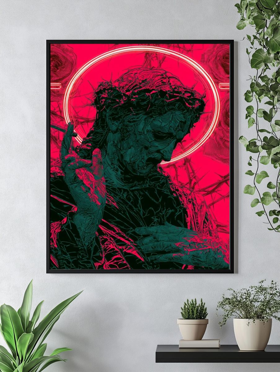 Neon Rose Statue Illustration Poster. — room view 4