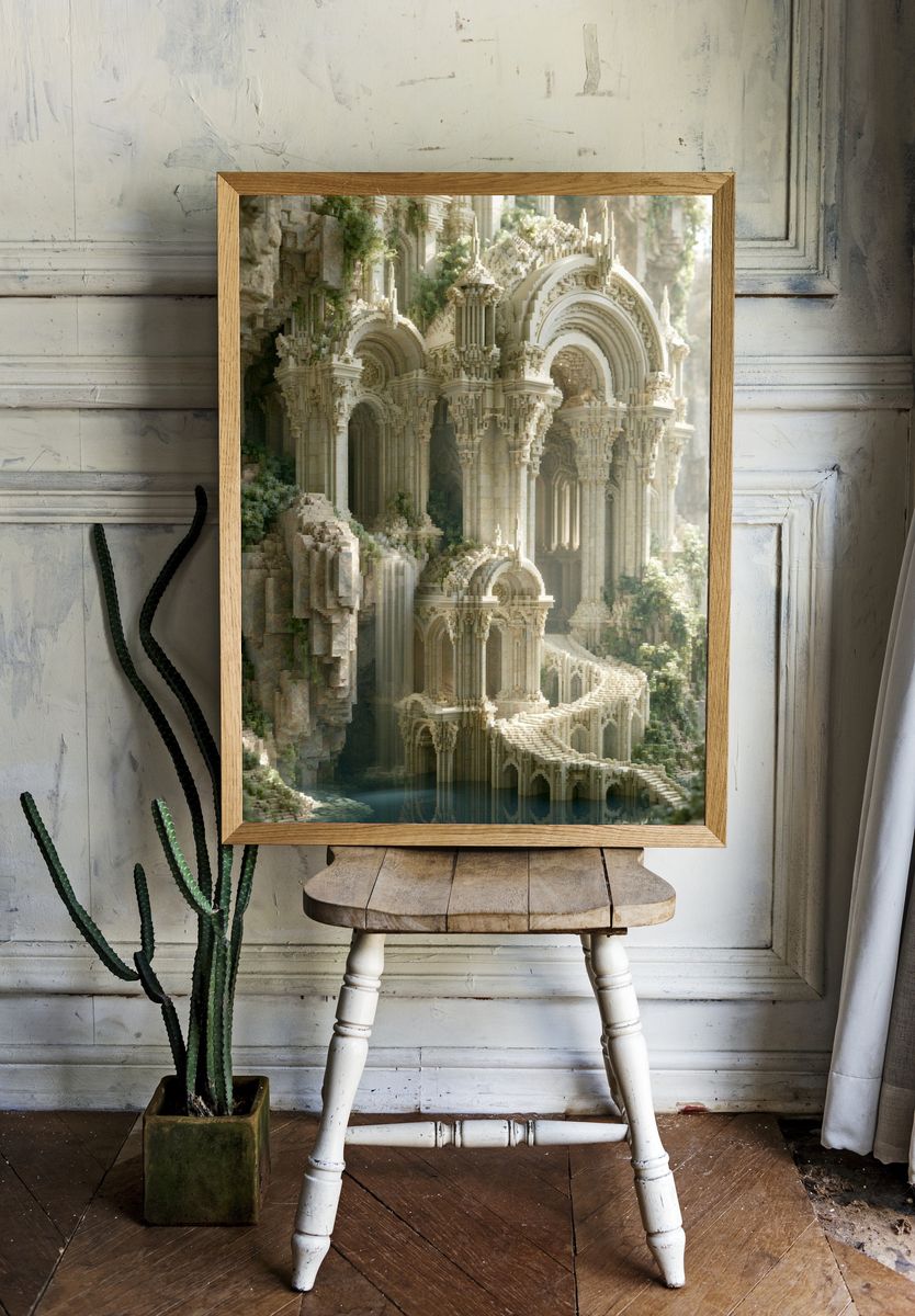 Fantasy Cliffside Temple Illustration Poster. — room view 1
