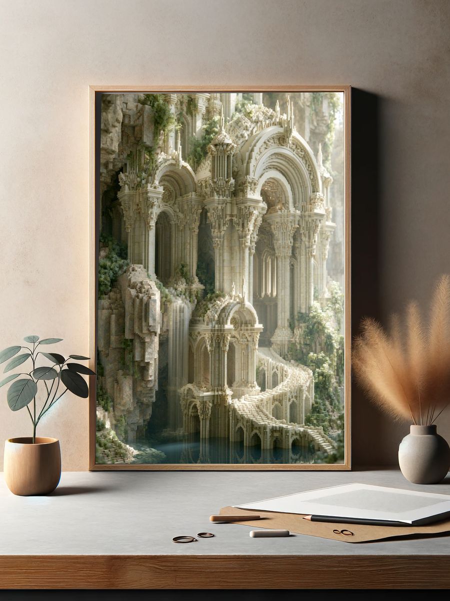 Fantasy Cliffside Temple Illustration Poster. — room view 2