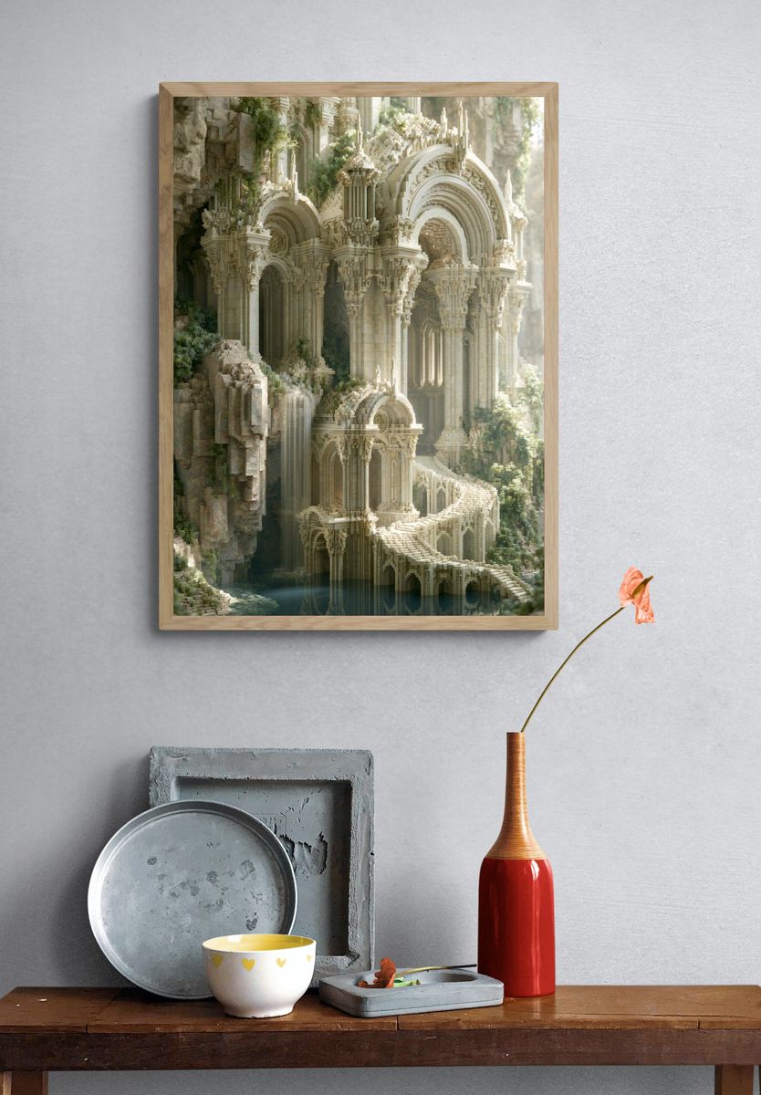 Fantasy Cliffside Temple Illustration Poster. — room view 3