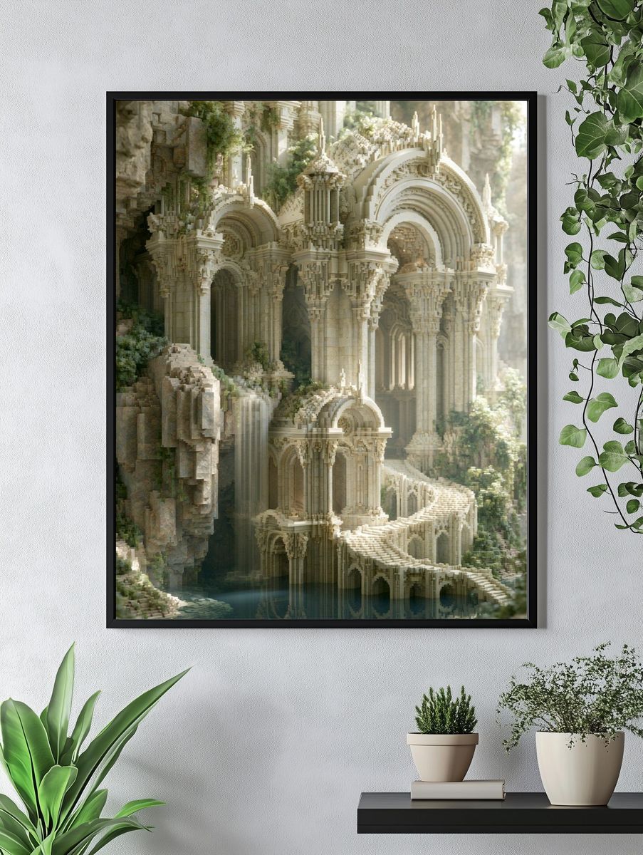 Fantasy Cliffside Temple Illustration Poster. — room view 4
