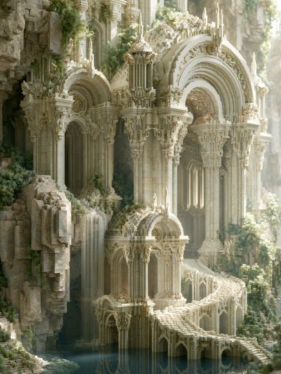 Fantasy Cliffside Temple Illustration Poster.
