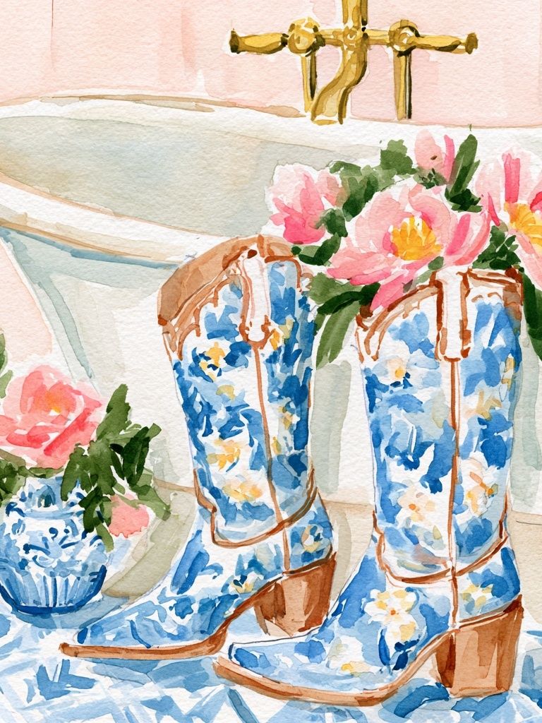 Floral Cowboy Boots Watercolor Print. poster detail
