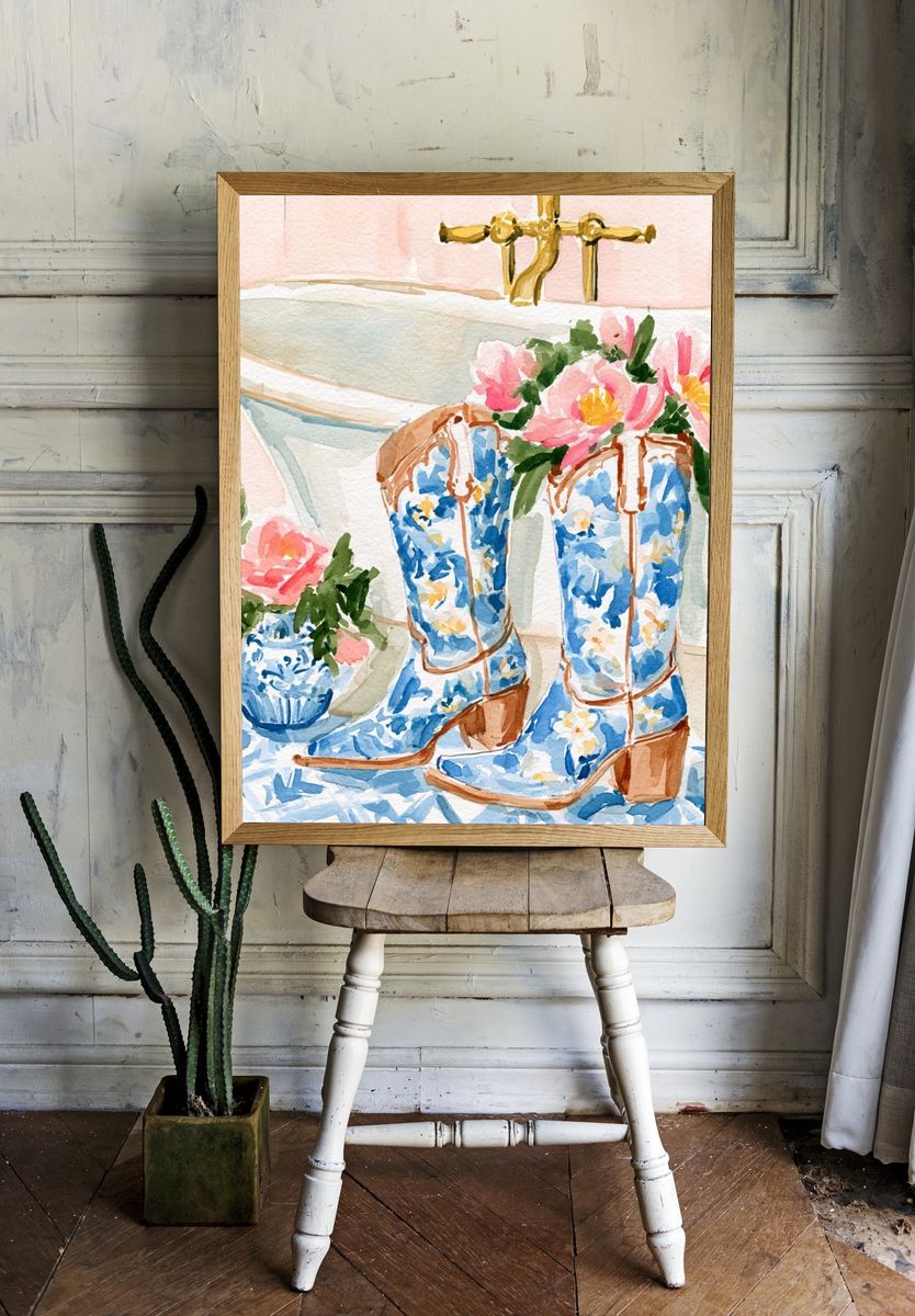 Floral Cowboy Boots Watercolor Print. room preview