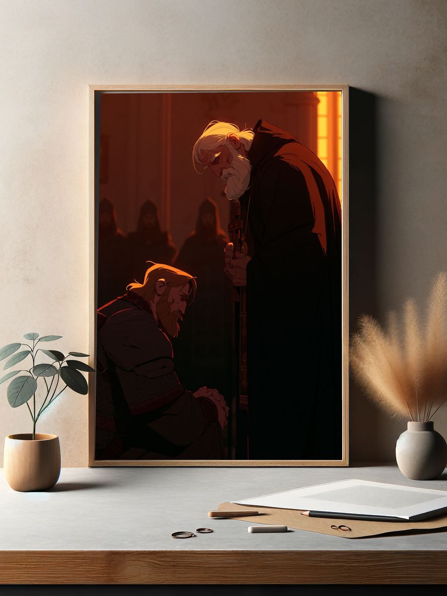 Medieval Prayer Scene Illustration Poster. — room view 2