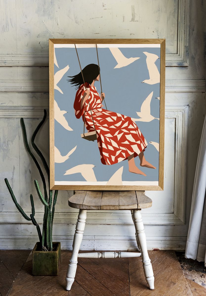 Girl on Swing with Birds Print. room preview