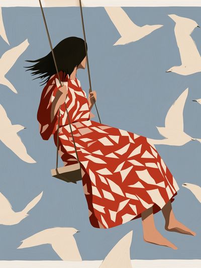 Girl on Swing with Birds Print. poster