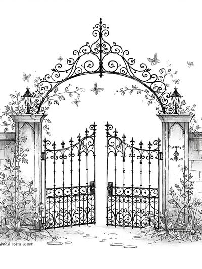Ornate Garden Gate Illustration Poster.