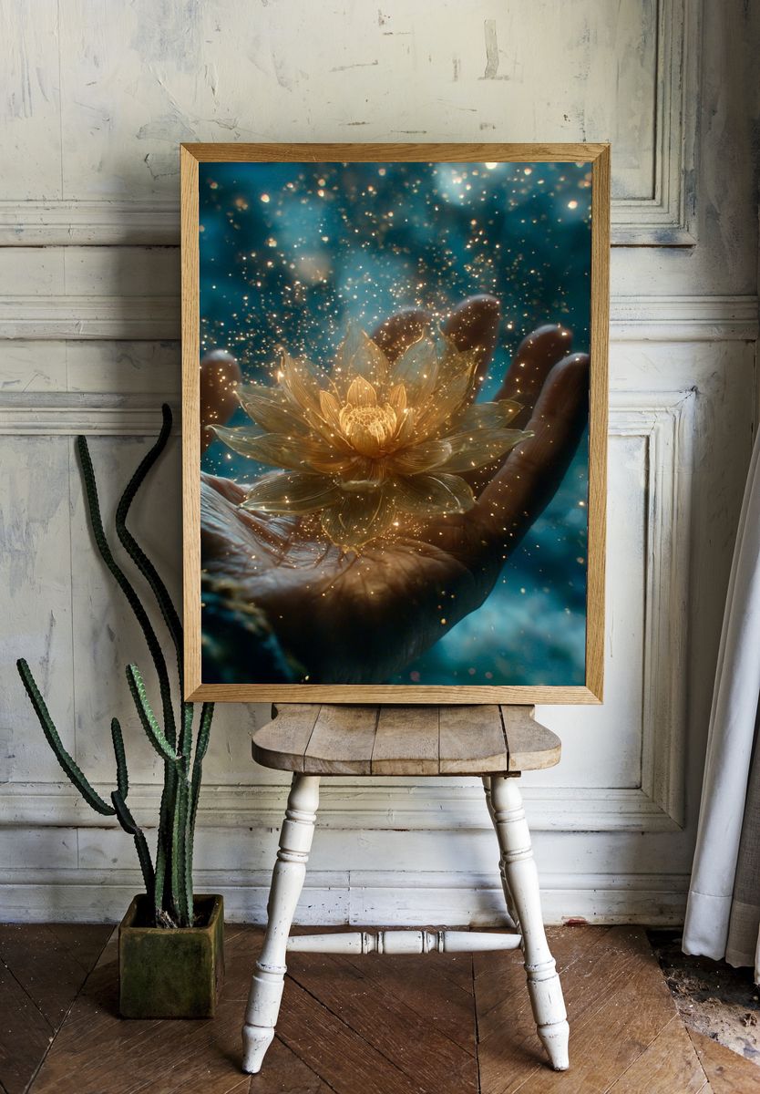 Golden Lotus Hand — Surreal Print. — room view 1