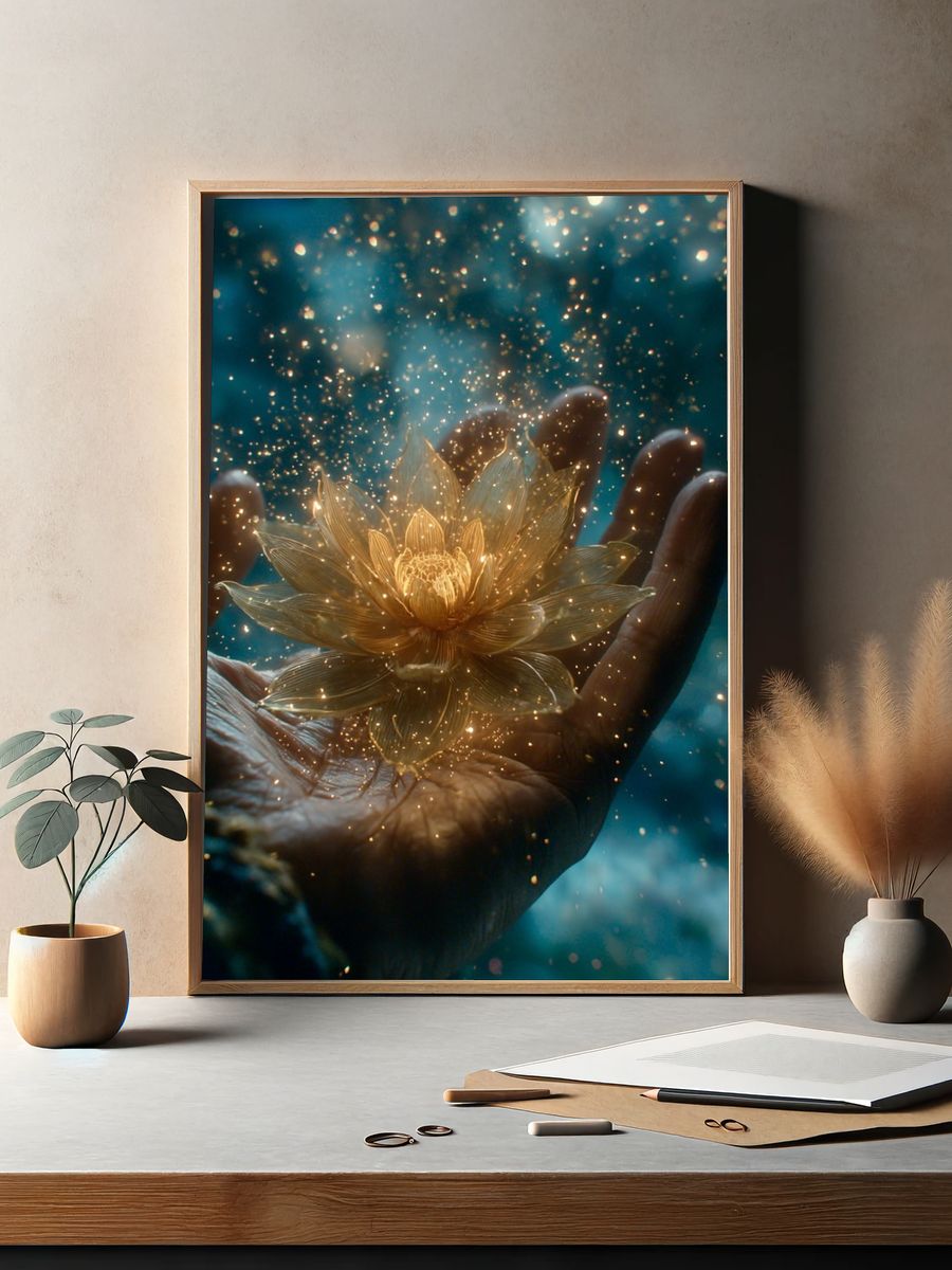 Golden Lotus Hand — Surreal Print. — room view 2