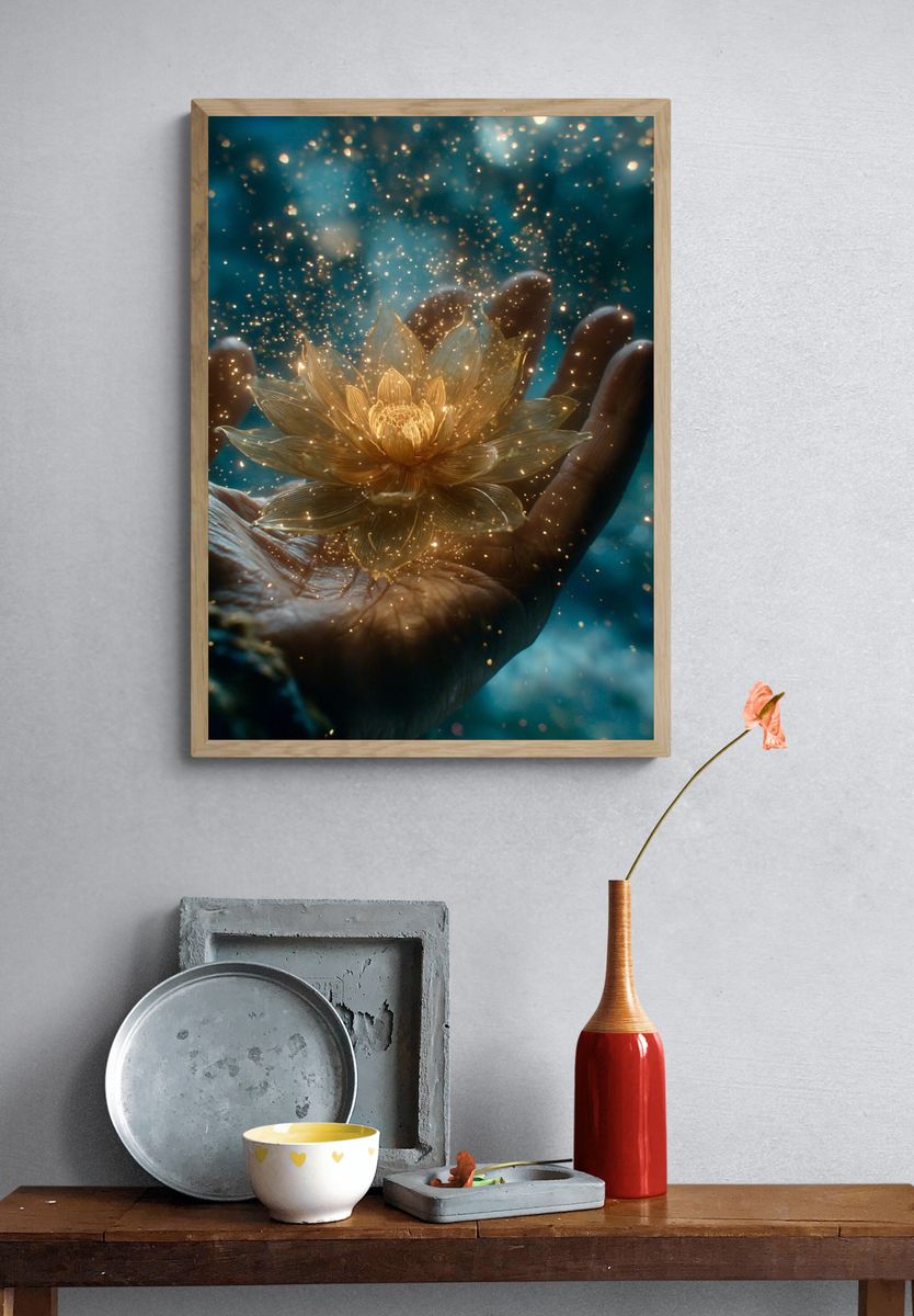 Golden Lotus Hand — Surreal Print. — room view 3