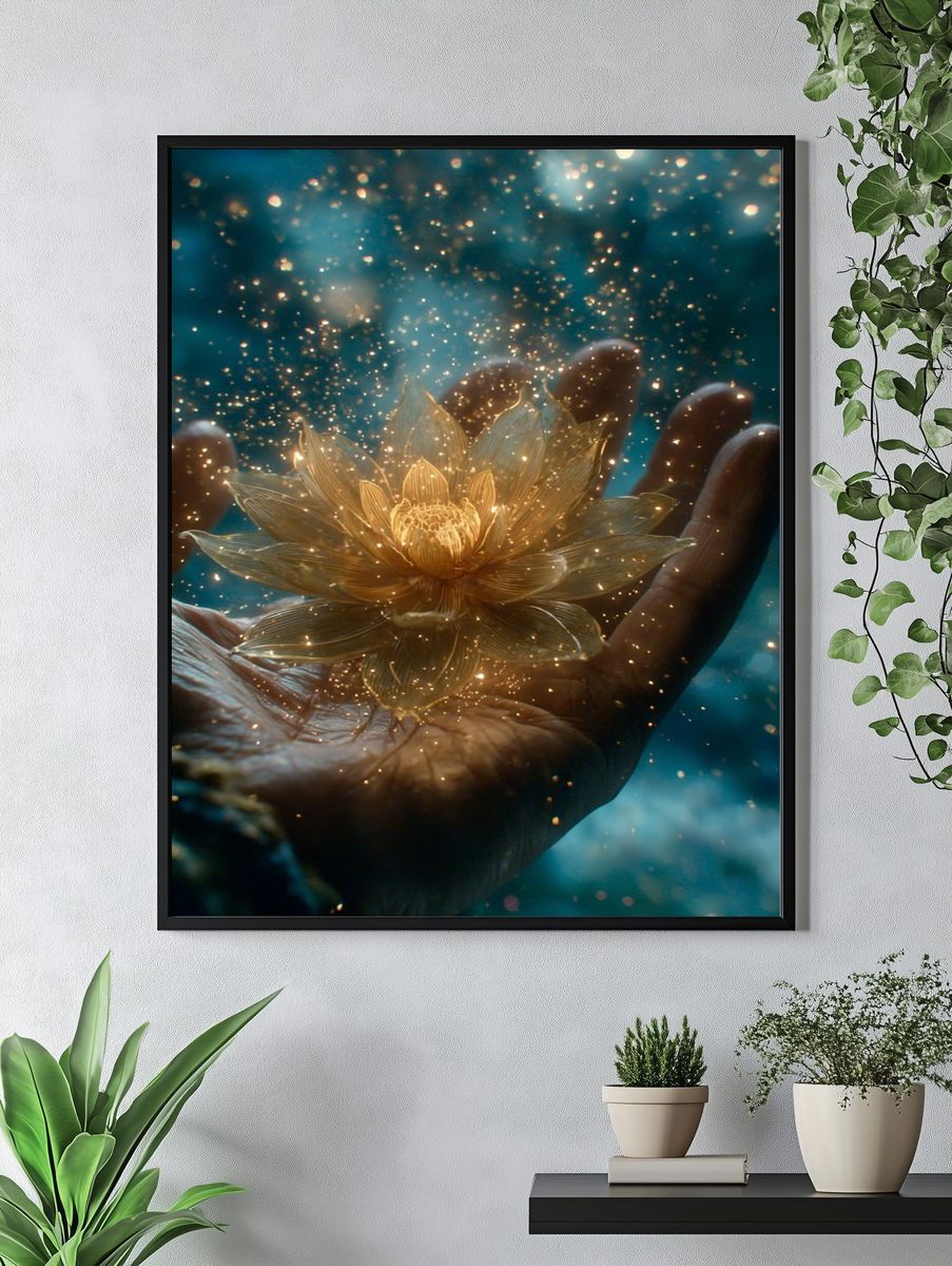 Golden Lotus Hand — Surreal Print. — room view 4