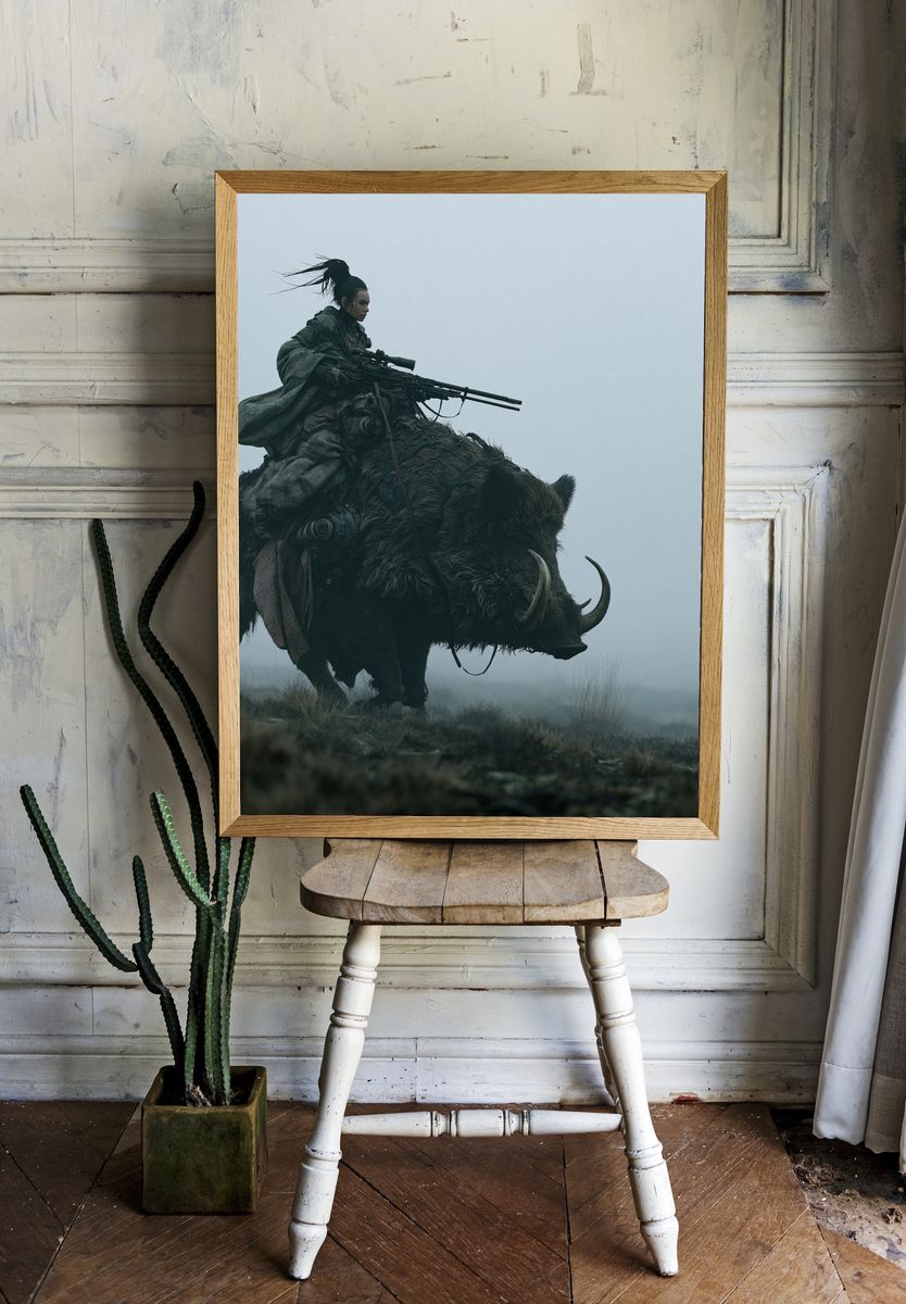 Warrior on Boar Fantasy Print. room preview