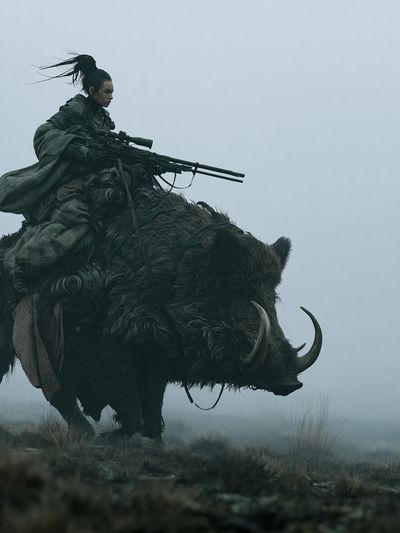 Warrior on Boar Fantasy Print. poster