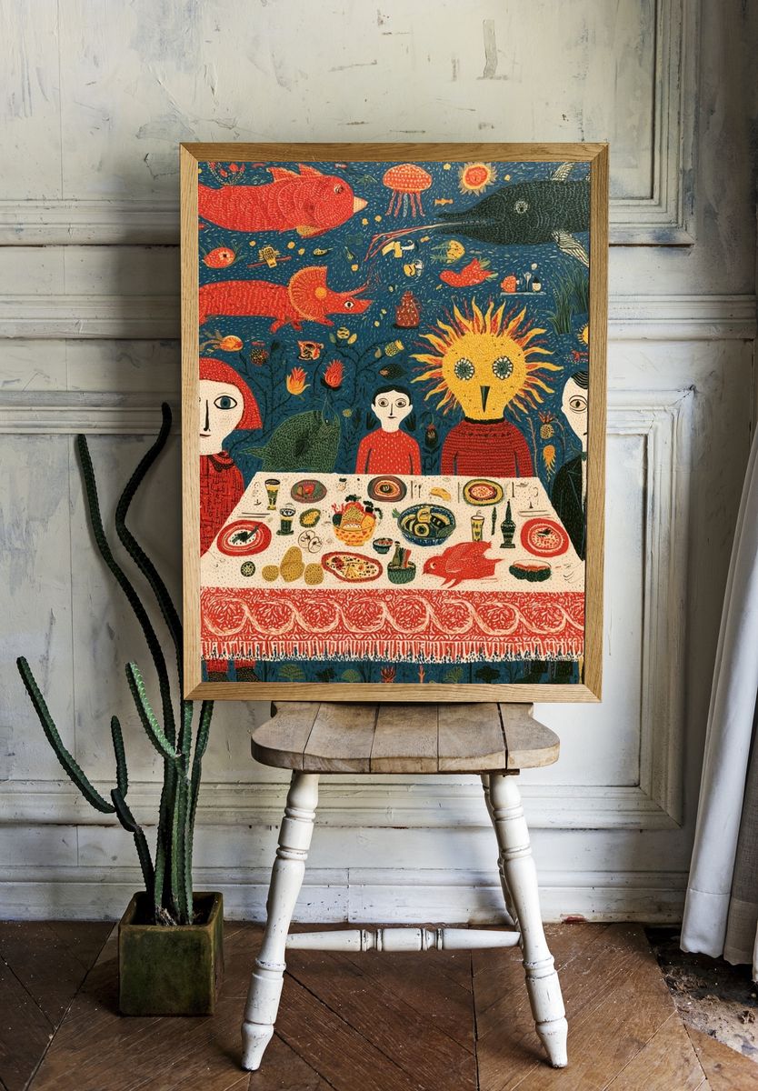 Surreal Dinner Party Illustration Poster. room preview