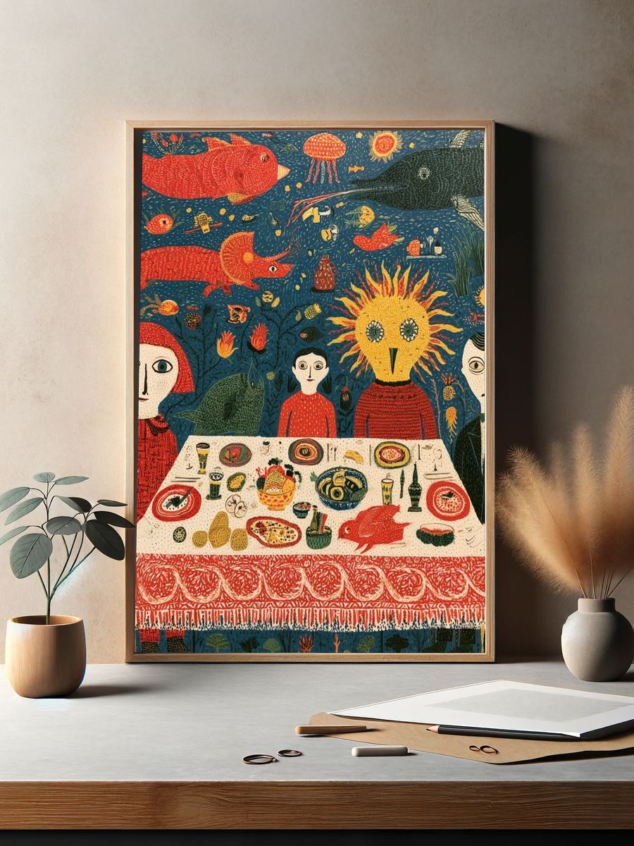 Surreal Dinner Party Illustration Poster. — room view 2