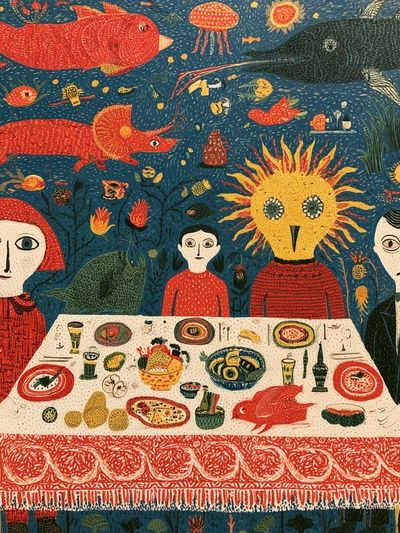 Surreal Dinner Party Illustration Poster. poster