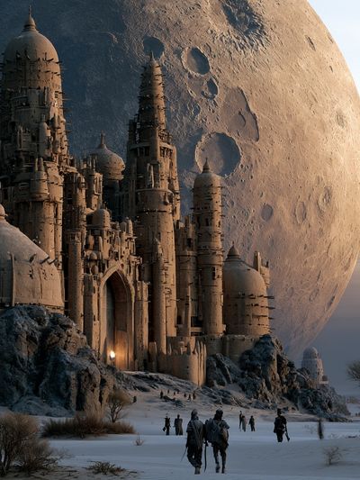 Moonlit Desert Citadel Sci-Fi Poster.