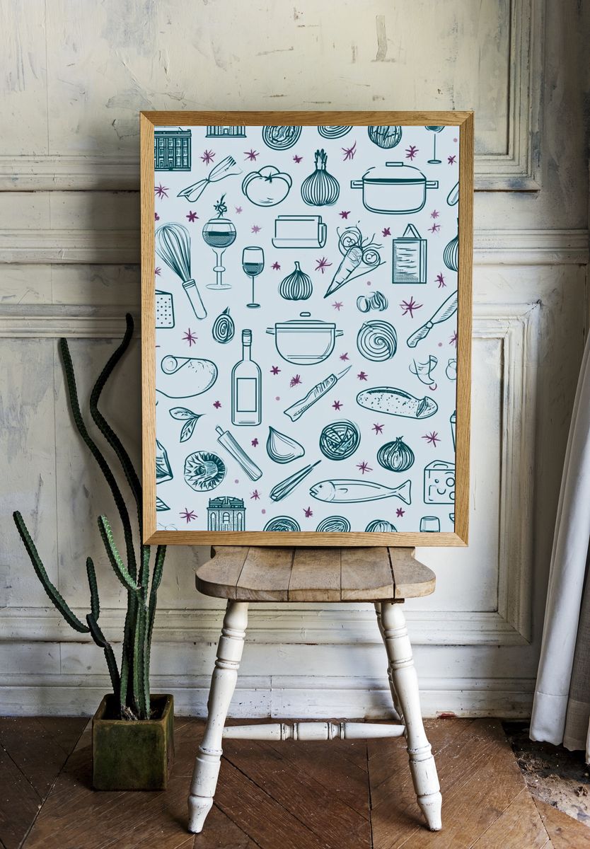 Kitchen Herbs and Utensils Illustration Print. — room view 1