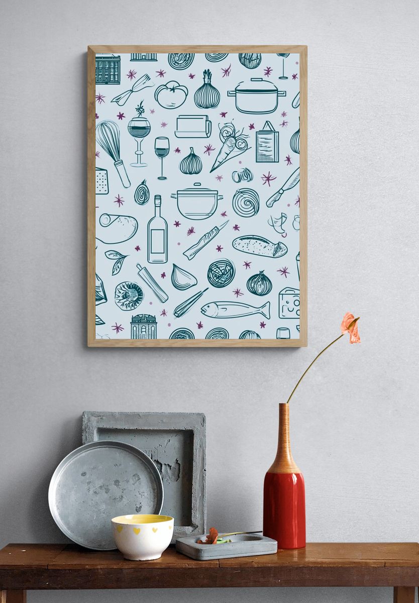 Kitchen Herbs and Utensils Illustration Print. — room view 3