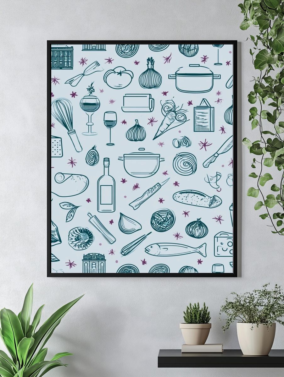 Kitchen Herbs and Utensils Illustration Print. — room view 4