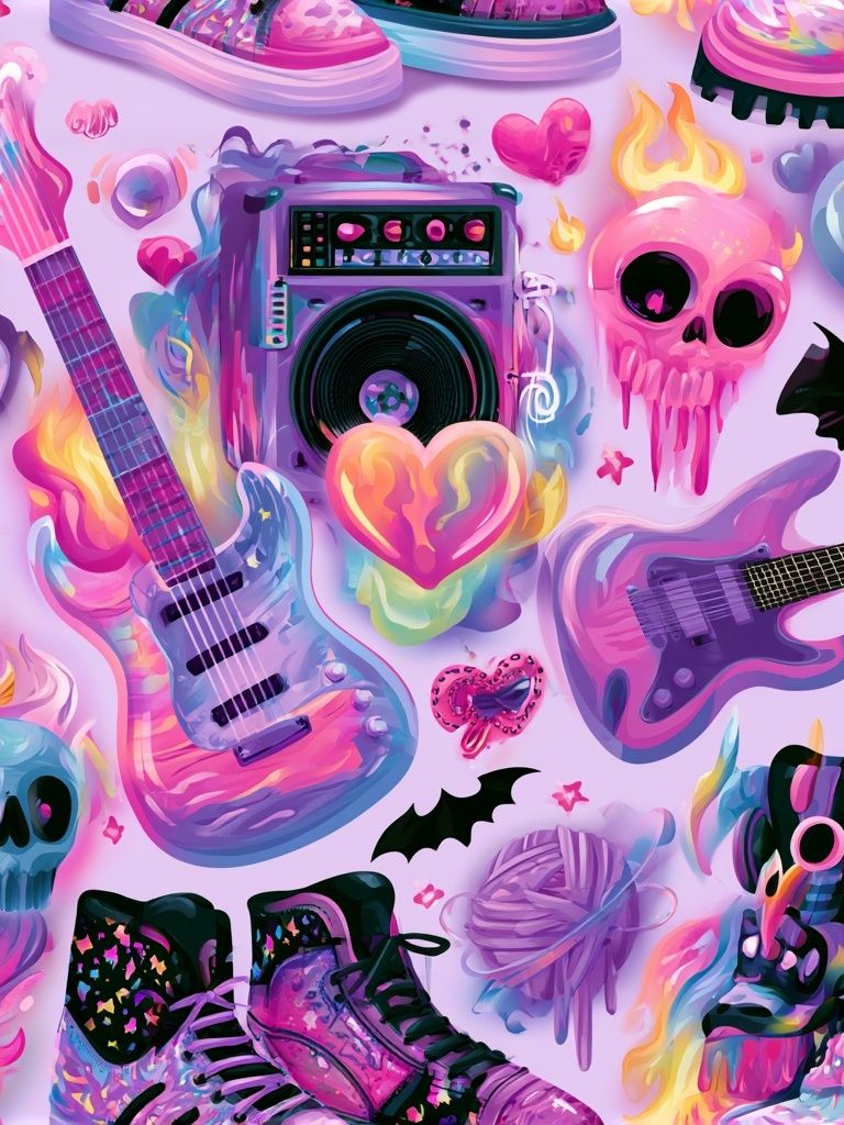 Neon Skull Guitar Collage Poster. poster — illustration art