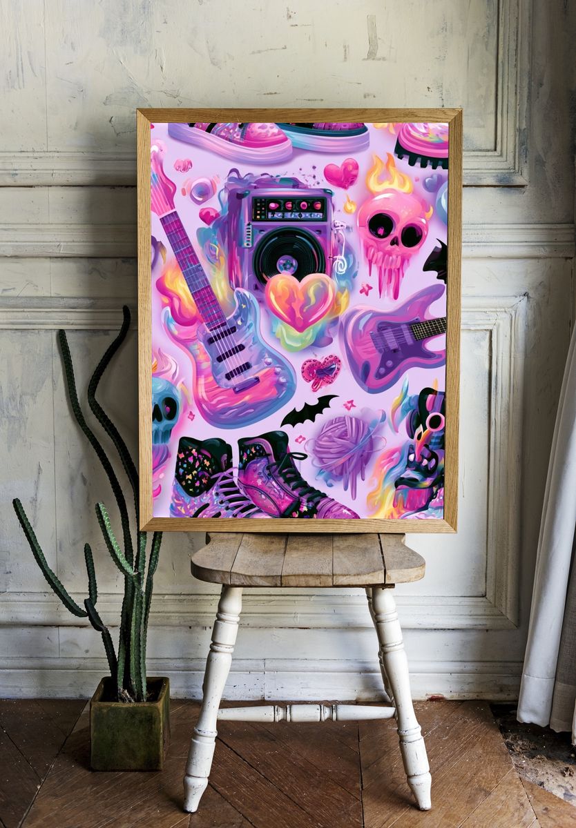 Neon Skull Guitar Collage Poster. room preview