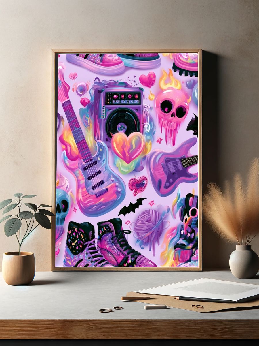 Neon Skull Guitar Collage Poster. — room view 2