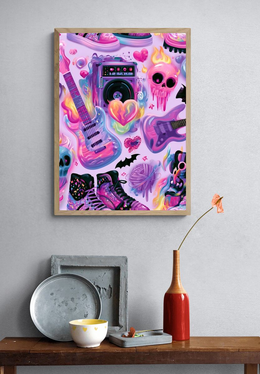 Neon Skull Guitar Collage Poster. — room view 3
