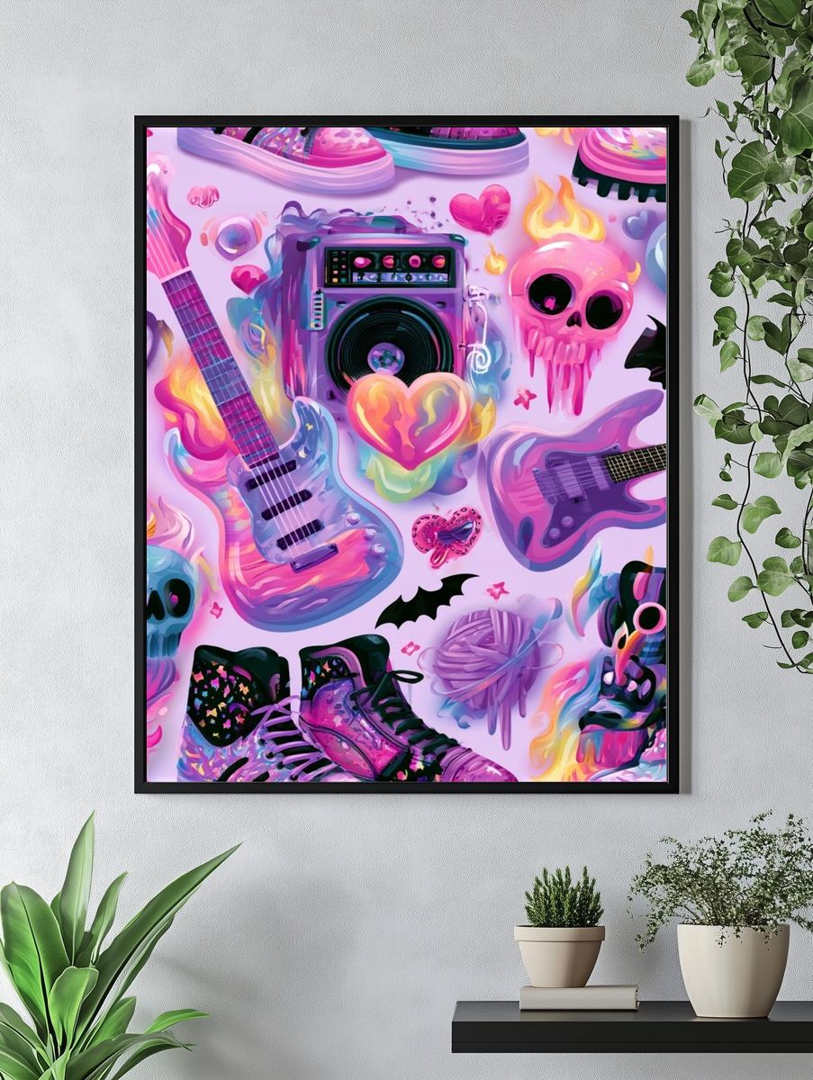 Neon Skull Guitar Collage Poster. — room view 4