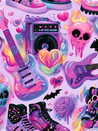 Neon Skull Guitar Collage Poster.
