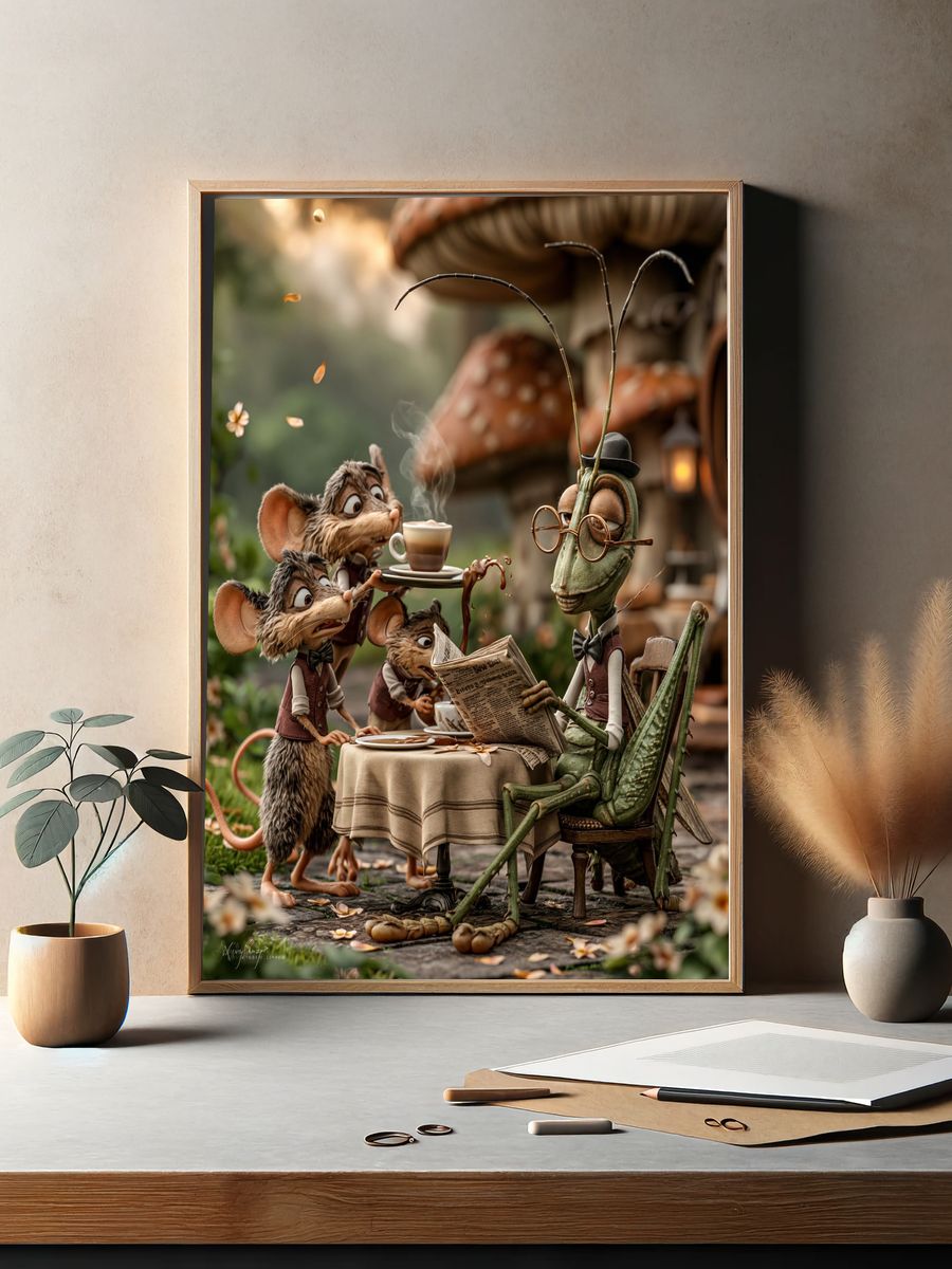 Whimsical Mouse Tea Party Illustration Poster. — room view 2