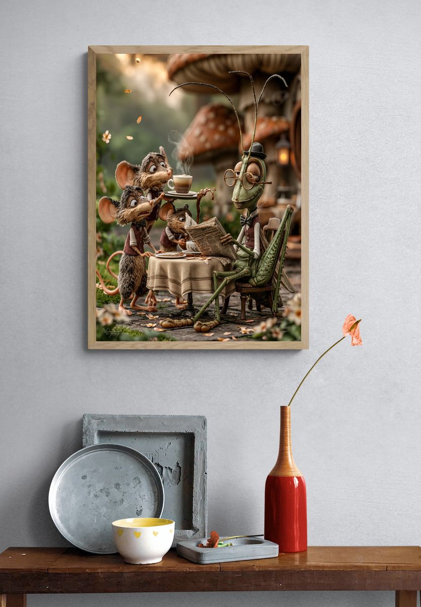 Whimsical Mouse Tea Party Illustration Poster. — room view 3