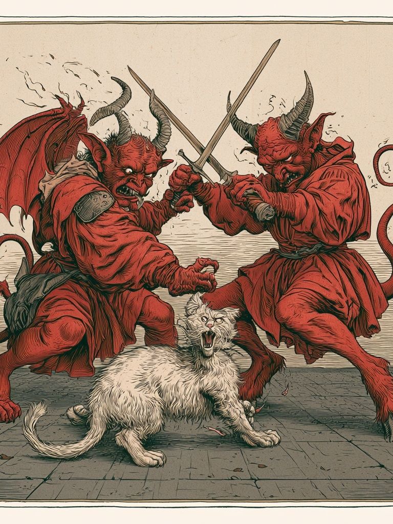Demon Duel with Cat Print. poster — illustration art