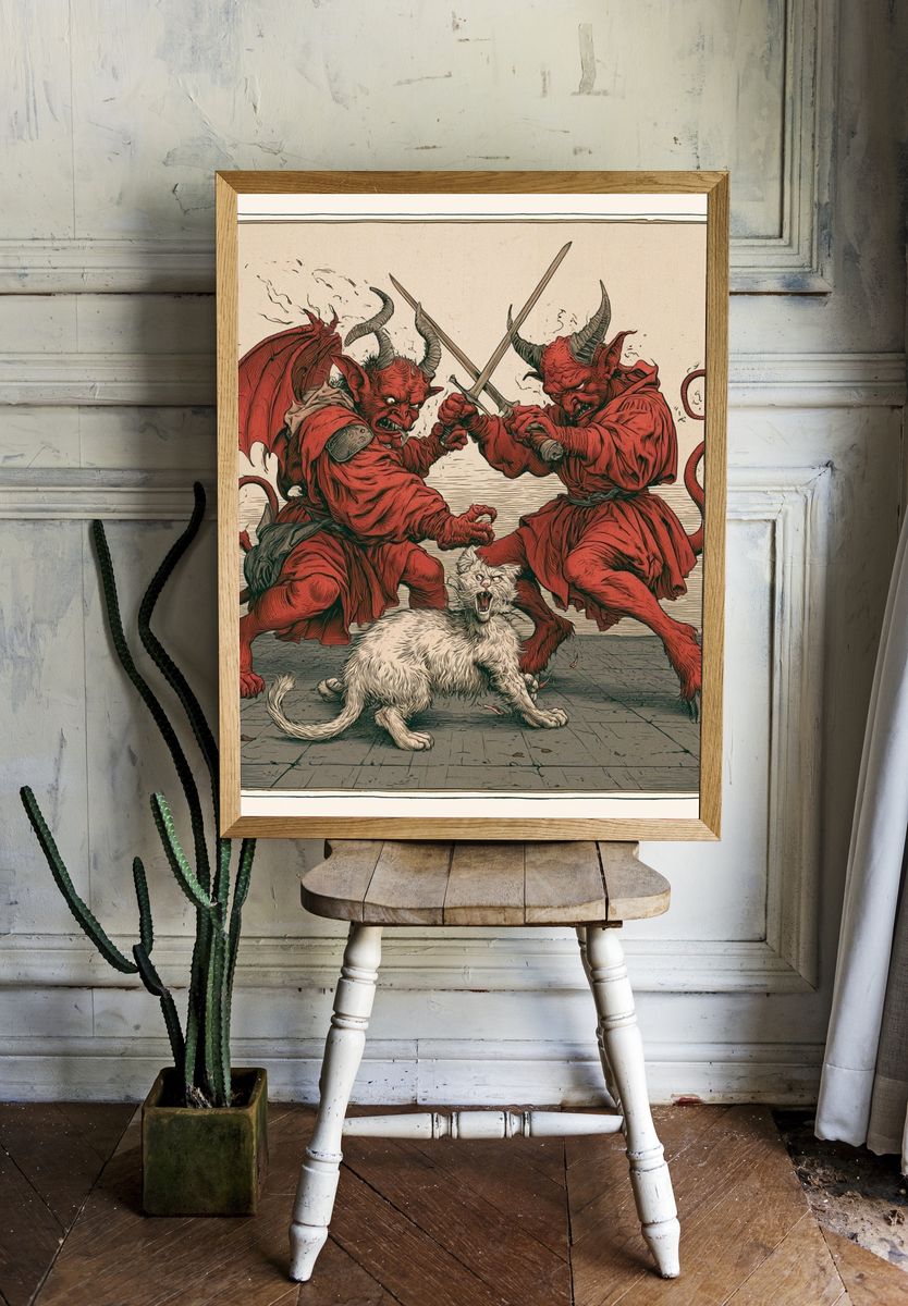 Demon Duel with Cat Print. room preview