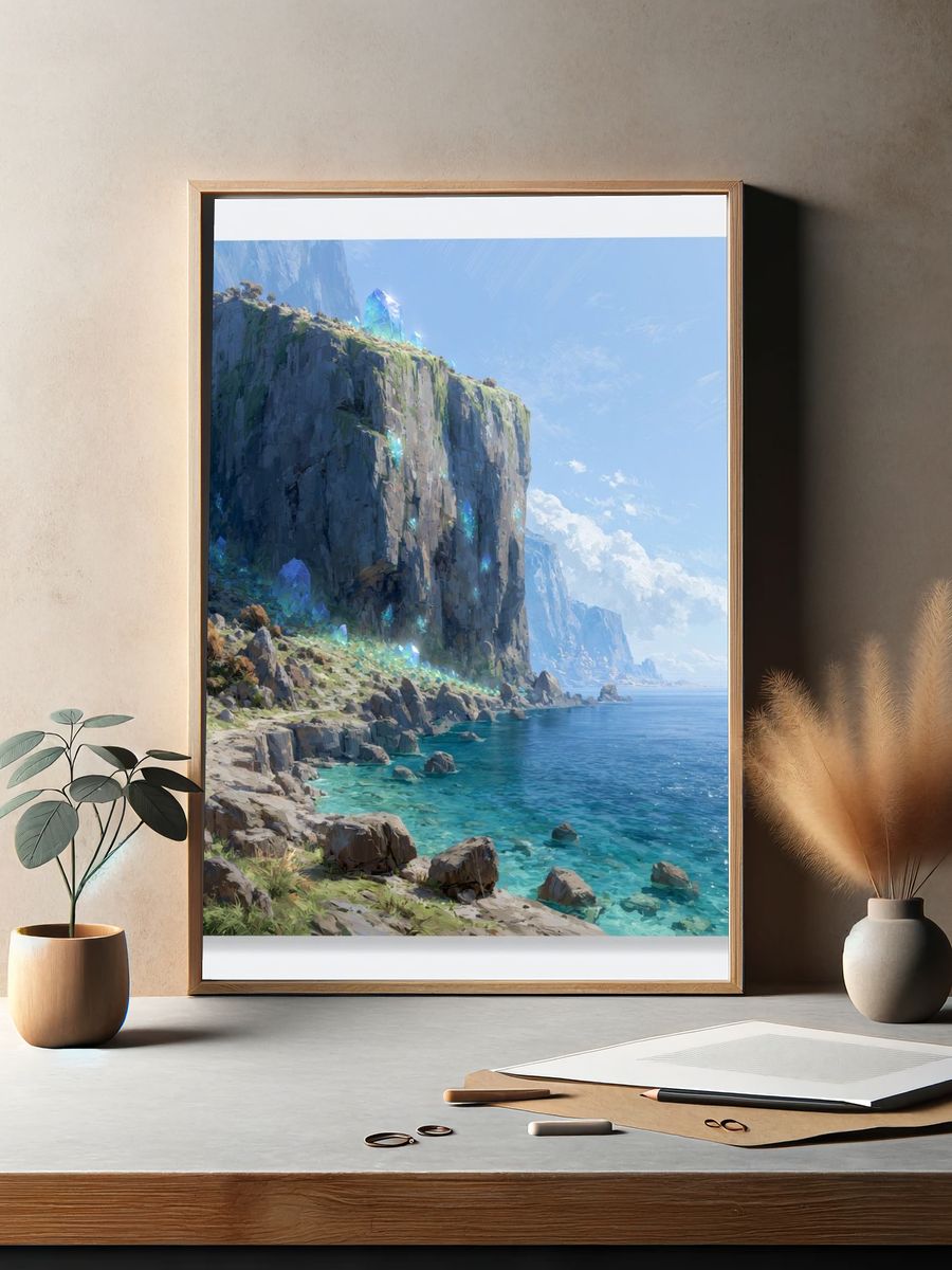 Crystal Cliff Coastline Illustration Poster. — room view 2