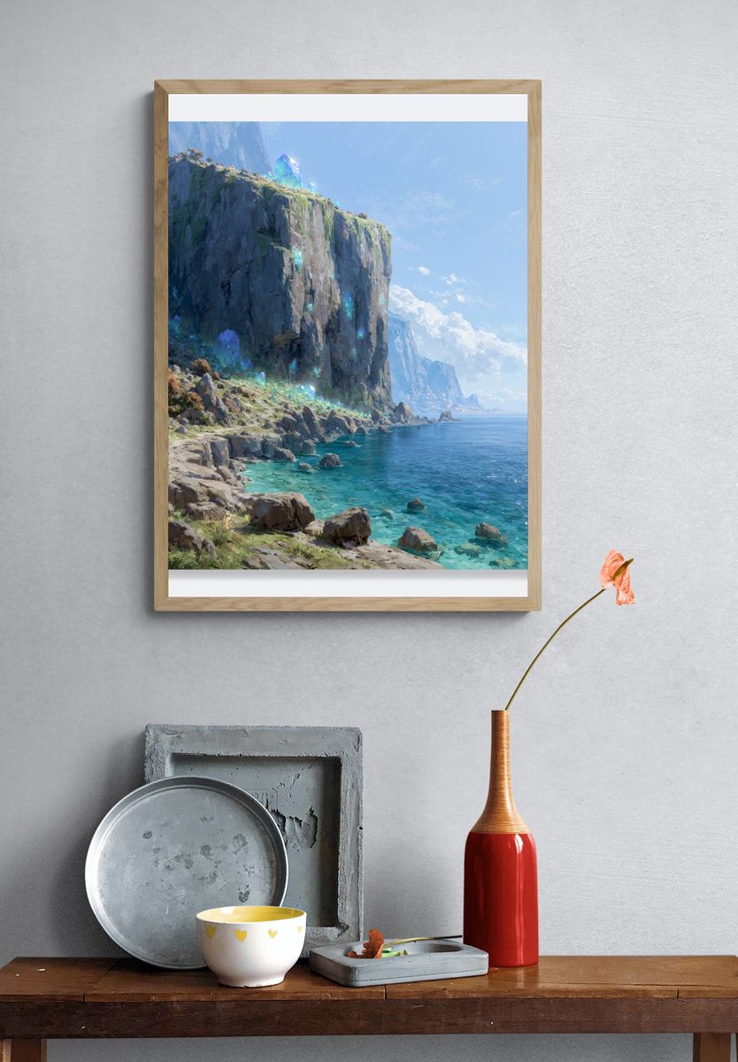 Crystal Cliff Coastline Illustration Poster. — room view 3