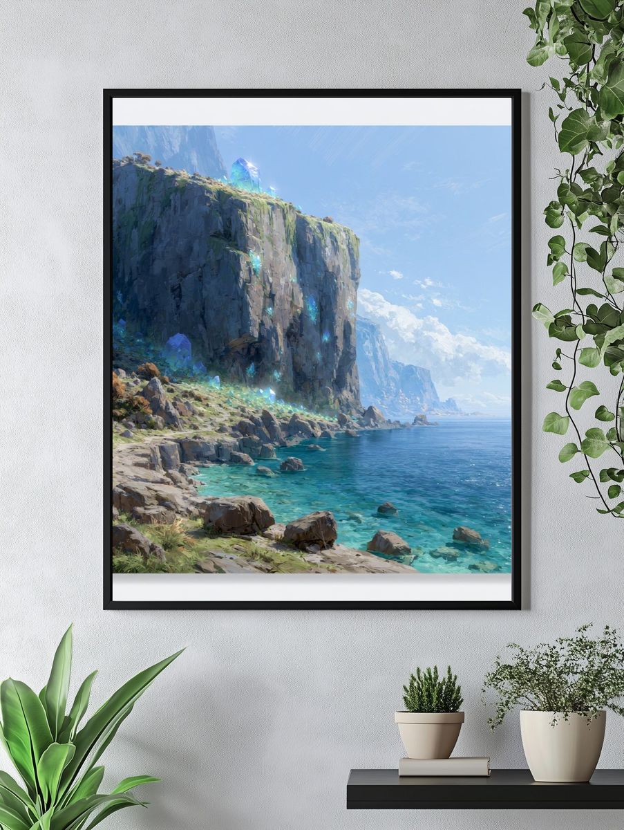 Crystal Cliff Coastline Illustration Poster. — room view 4