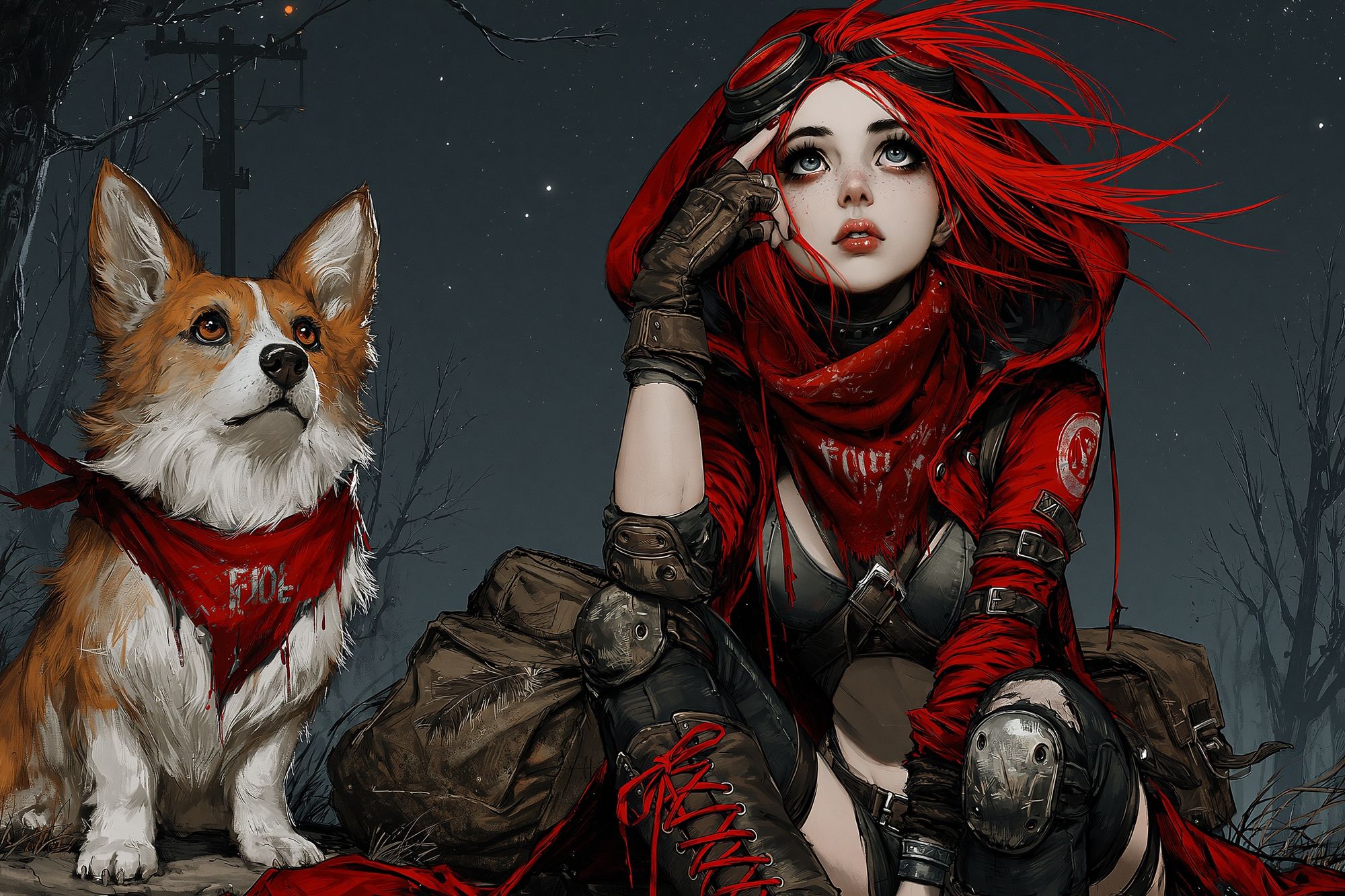 Red-Hooded Girl and Corgi Illustration Poster. poster — illustration art